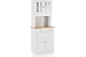 LOKO Kitchen Hutch Cabinet, Kitchen Cabinet with Framed Tempered Glass Doors, Flat Countertop and 2 Drawers, Kitchen Pantry Storage Cabinet with Adjustable Shelves, 27 x 16 x 67 inches (White)