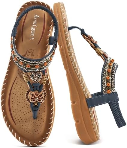 Aomigoct Sandals for Women Flats Shoes with Elastic Ankle Strap