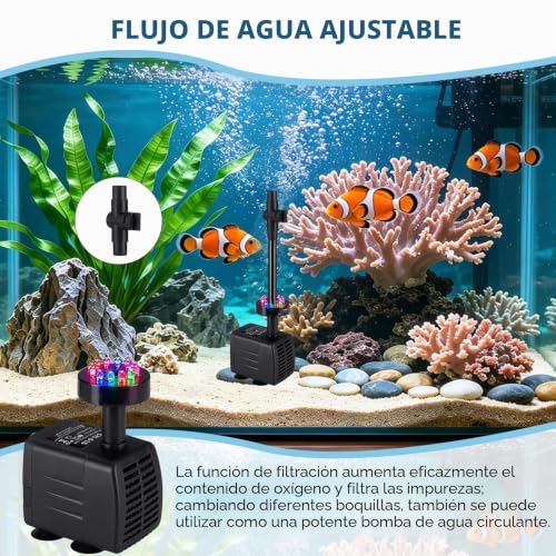Submersible Pump for Outdoor Fountain 800L/H with LED Light, 16W Silent Water Pump with Filter for Pond, Fountain and Waterfall, Adjustable Flow for Garden, Stream and Aquarium