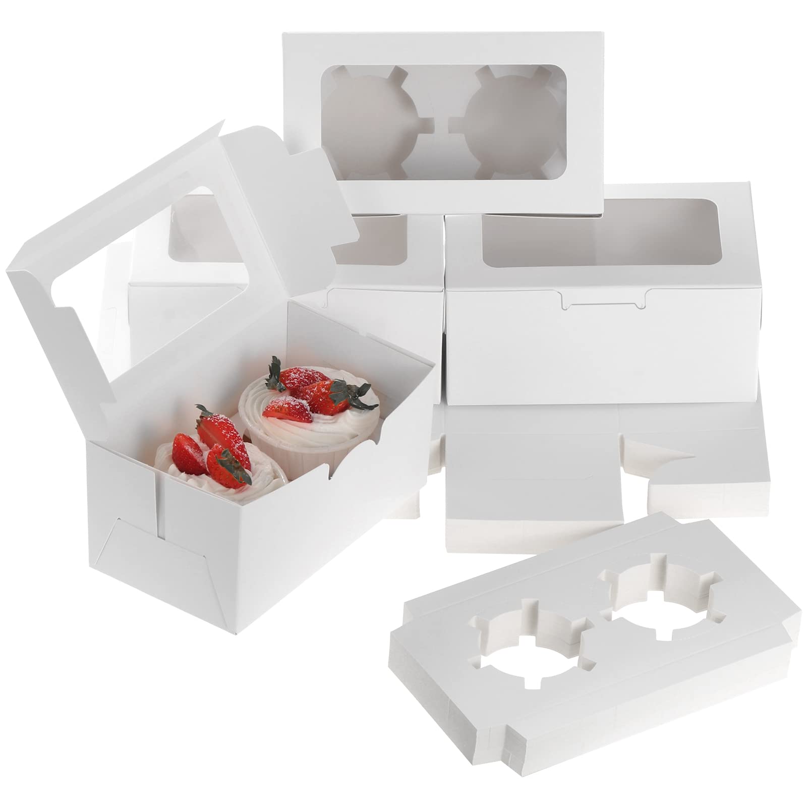 Fippy 50PCS Cupcake Boxes 2 Hole with Window, Small Cakes Gift Boxes, White Pastry Boxes for Cupcake Cookies Desserts — image 1