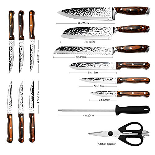 Knife Set, Elegant Life 15-Piece Kitchen Knife Set with Block Wooden, Manual Sharpening for Chef Knife Set, Self Sharpening for Chef Knife Set, Japan Stainless Steel, Boxed Knife Sets