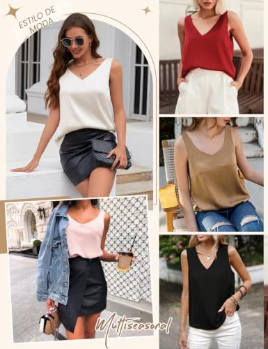 CMTOP Women's Sleeveless Shirt V Neck Satin Camisole Top Elegant Sexy Blouse Shirt Casual Cami Tank Tops