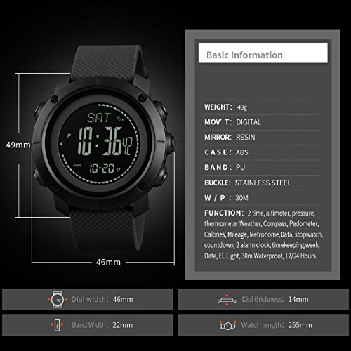 Digital Watch Military Tactical Sports Compass Pedometer Alarm Altimeter Barometer Thermometer Outdoor Army Wrist Watches Black Green - Thumbnail 6