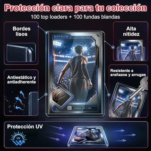 200PCS Clear Card sleeves, Top Loader, 2.5 x 3.5 pulgada Fundas para Cartas para Tarjetas de Fútbol, Béisbol, Juegos y Coleccionable (100pcs Dura Toploader + 100pcs Suave Sleeves)