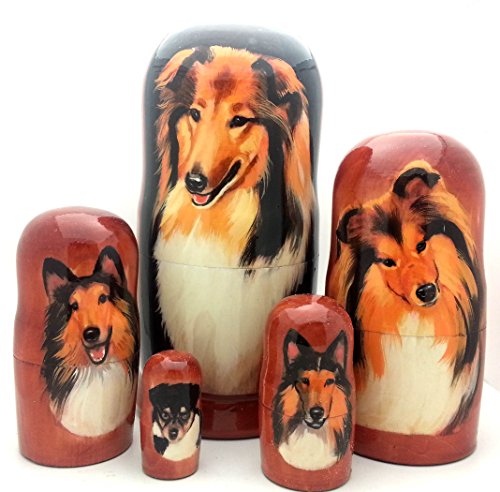 Collie dog nesting dolls Russian Hand Carved Hand Painted 5 piece matryoshka dog Set / 7"H