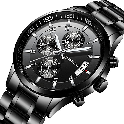 Watches Men Quartz Analog Stainless Steel Chronograph Date Waterproof Watch for Women (Full Black)