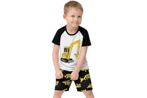 QHKIDS Boys Excavator Pajamas Set, 95% Cotton Summer Construction Truck Sleepwear, 2-Piece Short Sleeve PJs, 2-7 Years