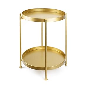 Metal End Table 2-Tier Side Table Round Coffee Table for Sofa Living Room Tea Table (Gold)