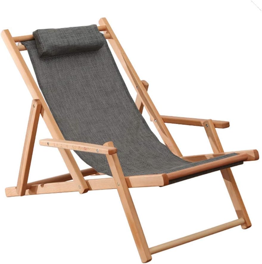 GFF Adjustable Sling Chair Beech Natural Wood Frame Portable Wooden Patio Beach Folding Chair Adjustable Outdoor Chaise Longue