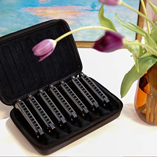 JDR Blues Harmonica Set (7 Piece Set with EVA Protective Case) ,10 Hole Harmonica Key of C, D, E, F, G, A&B, Suitable for Any Occasion, Like Blues, Folk, Jazz and Pop