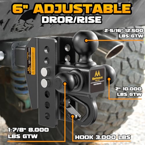 Mmtowus Adjustable Trailer Hitch - Drop Hitch Fit 2" Receiver -6" Drop/Rise | Tri Ball Mount with Hook (1-7/8'', 2'' & 2-5/16''), 12,500 LBS GTW Tow Hitch, 3 Ball Hitches for Trucks, RVs, Camper, SUV etc