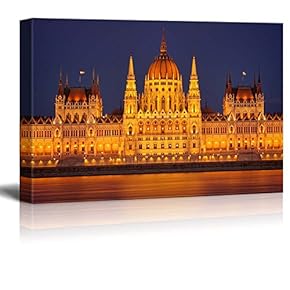 Beautiful Scenery Landscape Hungarian Parliament at Night Budapest Famous Landmark - Canvas Art Wall Art - 12" x 18"