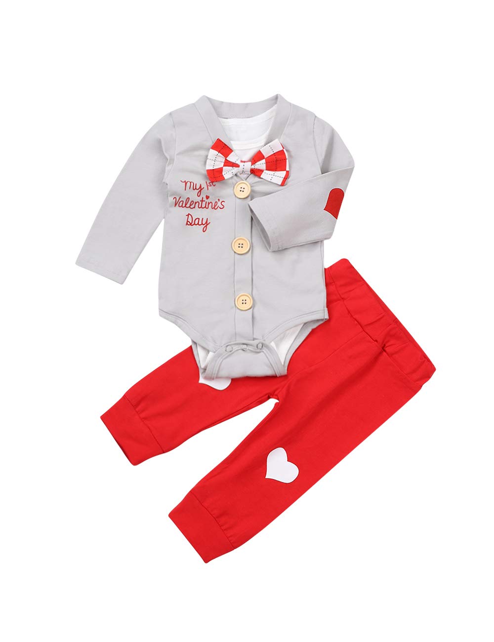 Newborn Infant Baby Boy Valentines Clothes My 1st Valentines Day Outfits Bow-tie Romper+Coat+Heart Pants 3PC Clothes
