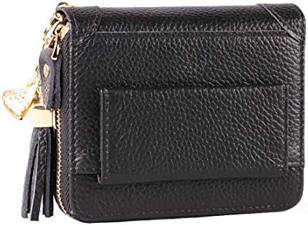 Womens RFID Blocking Genuine Leather Wallet Small Coin Purse Organ Design Card Holder (Black)