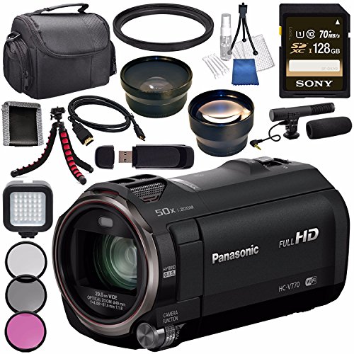 Panasonic HC-V770 HC-V770K Full HD Camcorder + Sony 128GB SDXC Card + Flexible Tripod + Carrying Case + Memory Card Wallet + Card Reader + Mini HDMI Cable + LED Light + Condenser Mic Bundle