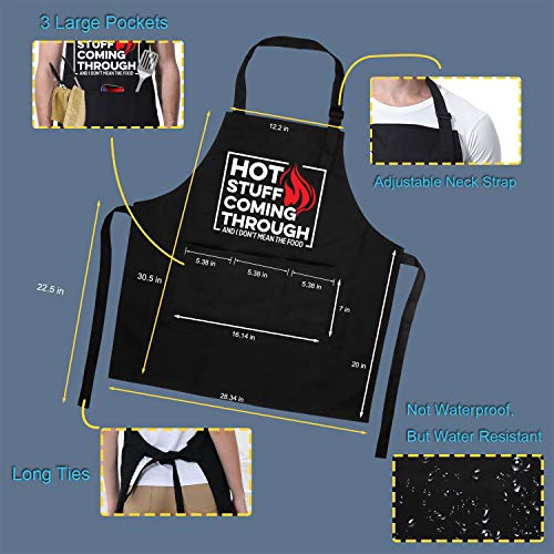 Hot Stuff Coming Through - Black Aprons for Men with 3 Pockets - Funny Birthday, Valentines Day Cooking Gifts for Men, Boyfriend, Him - Husband Valentine Gifts from Wife - Miracu Kitchen Chef Apron