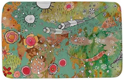 Boho microfiber mat 'Feathers, Flowers, Showers' unique colorful artwork by mixed media fine artist C.Cambrea. Bathroom, kitchen, welcome, mat, rug, carpet, designer home accessories.