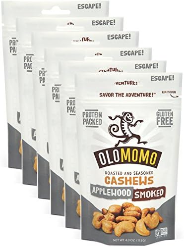 OLOMOMO Applewood Smoked Cashews: Paleo, Vegan, Gluten Free, Non-GMO, Healthy Snack packs, Bacon flavor, Sea Salt, 6 pack; 4 oz bags