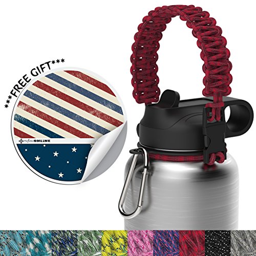 the flow paracord handle for wide mouth water bottle with carabiner, security ring and vinyl sticker | black (Red)