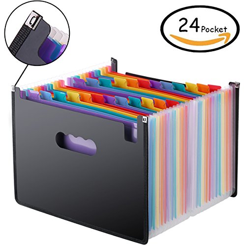 Expanding Files Folders/24 Pockets A4 Expandable File organizer/Plastic Business Portable Accordion File Box with High Capacity Multicolour Stand
