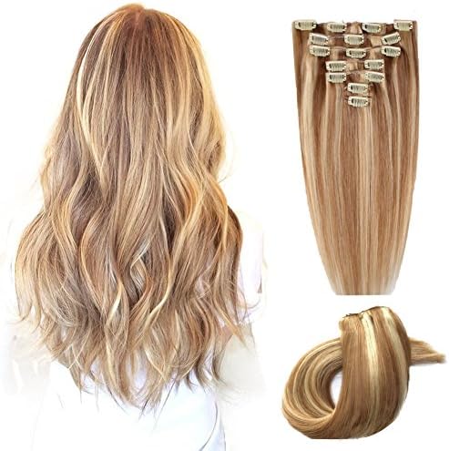 ChicFusion Clip in Real Natural Hair Extensions Mixed Color Ombre Hair 100G Sliky Straight Hair Pieces with Clips (18 inch, Golden Brown/ Bleach Blonde)