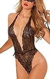 BeautyWill Women Sexy Lingerie Teddy Deep V Halter Lace Bodysuit With Eyes Cover