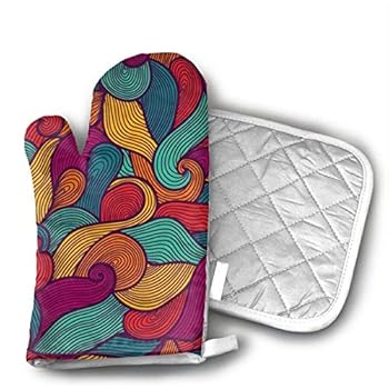 Colorful Wave Oven Mitts and Pot Holders Set with Polyester Cotton Non-Slip Grip Heat Resistant Oven Gloves for BBQ Cooking Baking Grilling