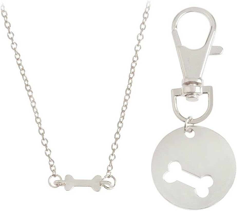 4EAELove Engraved BFF Necklace Keychain Round Bone Matching Necklace Collar Dog Human Dog Lover Gifts Set Pet Lover Silver Plated