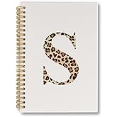 laveliabel Beige Cheetah Print Spiral Notebook, Leopard Print Initial S Journaling Notebooks, Trendy Preppy Girly Aesthetic College Ruled Spiral Notebook for School Office Supplies, 5.5x8.3 Inches
