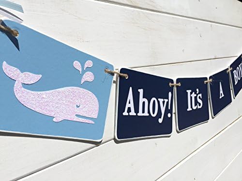 Ahoy! It's a Boy! Banner, Baby shower banner, whale banner, nursery decoration, navy blue, light blue, nautical decor, nautical baby shower, nautical nursery