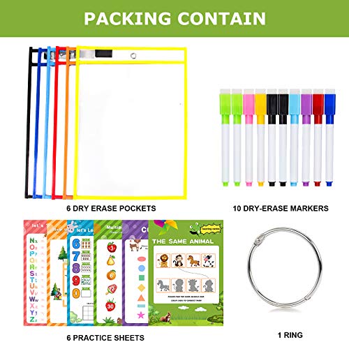 6 Pack Dry Erase Pockets, Dry Erase Sleeves Kids Ages 4-8-12 Assorted Color Oversized 10X14 inch Paper Great for Teachers, School, Home & Office.