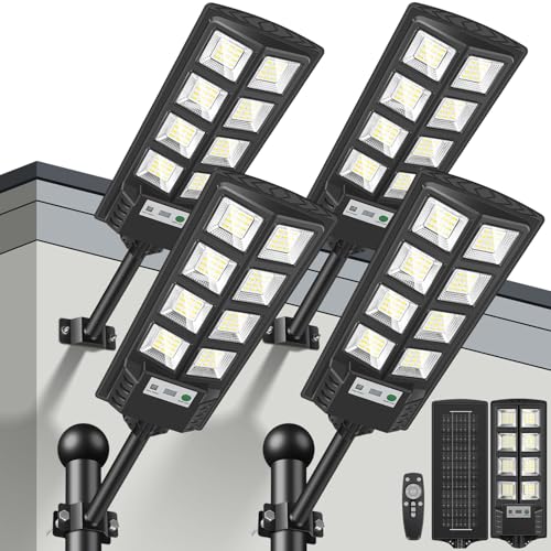 PEAKRO Outdoor Solar Street Lights 4 Pack, Powerful 600W Solar Street Light with Motion Sensor, Remote Control, 6500K IP65 Waterproof Solar Spotlight LED Security Light for Garden, Patio, Garage