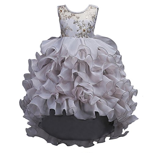 Flower Girls Embroidered Lace High-Low Tulle Dress – Gray Princess Gown For Weddings & Parties (Size 5-6 Years) - View #3