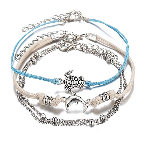 Savannah Ankle Bracelet- 12pc Women's Ankle Bracelet, Anklets for Teen Girls, Turtle Bracelet- Adjustable Handmade Bracelet, Rope Bracelet with Shell, Bead, Starfish, Cardinal Points and Dolphin