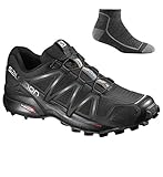 Salomon Men's Speedcross 4 Trail Running Shoes Black/Black/Black Metallic X w/ Socks - 10