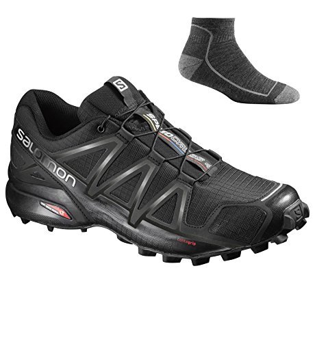 Salomon Men's Speedcross 4 Trail Running Shoes Black/Black/Black Metallic X w/ Socks - 10