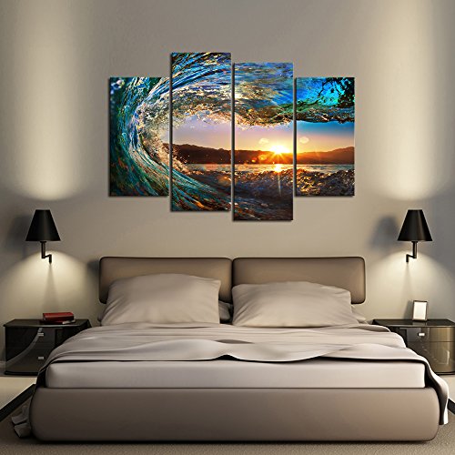 Cao Gen Decor Art-S70438 4 panels Wall Art Waves Painting on Canvas Stretched and Framed Canvas Paintings Ready to Hang for Home Decorations Wall Decor