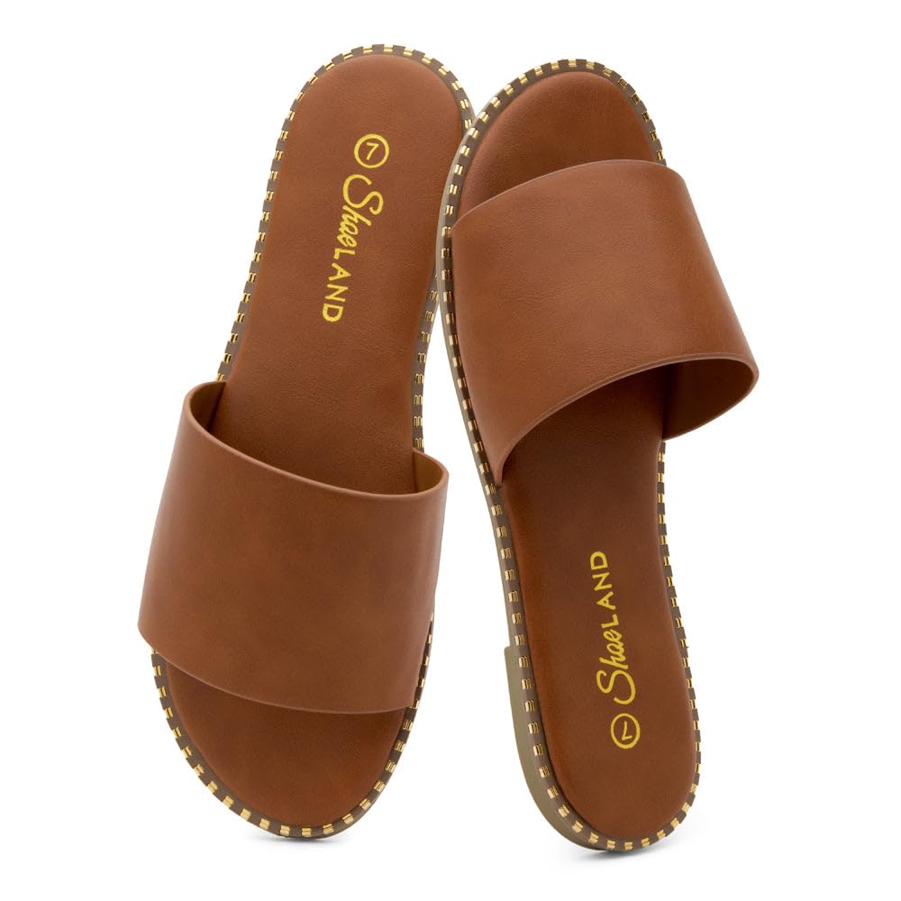 Photo 1 of Shoe Land Flat Sandals for Women – Slip-On Slides with Cushioned Footbed | Comfortable Dressy & Casual Open Toe Summer Sandals for Beach, Travel & Everyday Wear, Tan, Size 11.0, Carlena