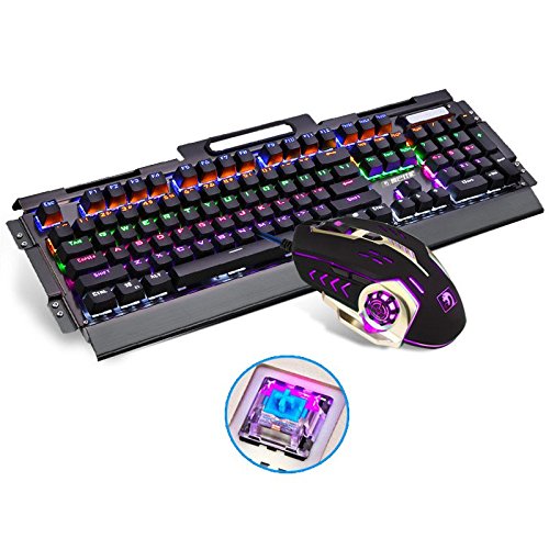 HTACSA Full Size Gaming Mechanical Keyboard Blue Black Switches With Backlight For Teclado Gamer+Mouse,Black Blue Switches