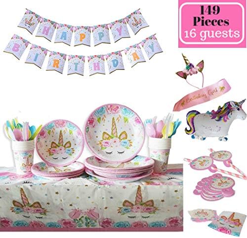 Unicorn party supplies | 149 pieces set | Plastic Cutlery | Serves 16 people | Gold Glitter Headband and Pink Satin Sash |Girls Happy Birthday| Banner Decorations| Napkins | Cups | Durable paper design | Non-toxic material