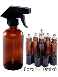 8oz and 10ml (1+6) Spray and Roller Bottle Set, Empty Refillable Amber Glass Bottles, Stainless Steel Roll On Balls, Mist & Streaming Sprayer, for EO, Kitchen, DIY Cleaning or Mosquito Repellent