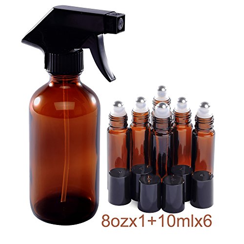 8oz and 10ml (1+6) Spray and Roller Bottle Set, Empty Refillable Amber Glass Bottles, Stainless Steel Roll On Balls, Mist & Streaming Sprayer, for EO, Kitchen, DIY Cleaning or Mosquito Repellent