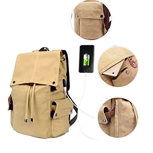 MiCoolker Canvas Casual Computer Laptop Backpack fits 17 inch Laptop and Notebook Unisex Schoolbag College Student Daypack with USB Charging Port Khaki