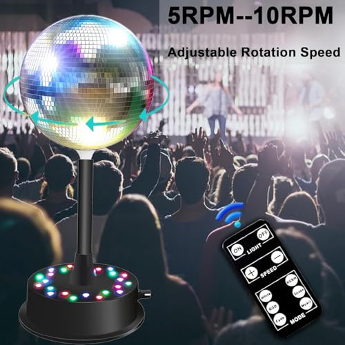 Silver Mirror Disco Ball Light, 6-Inch Mirror Ball with 23 RGBW LEDs, 360° Rotating Motor (5–10 RPM), Remote & Voice Control, Hanging Hook Included, Party Decor for Wedding, Birthday, Stage, Club