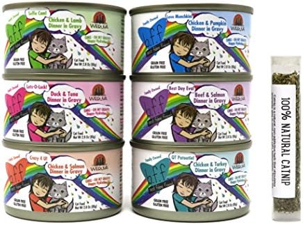 Weruva B.F.F. OMG - Best Feline Friend Oh My Gravy! Canned Wet Cat Food Variety Pack, 6 Flavors, 2.8 Ounces Each (12 Total Cans) and 1 .2 Ounce Tube of Catnip