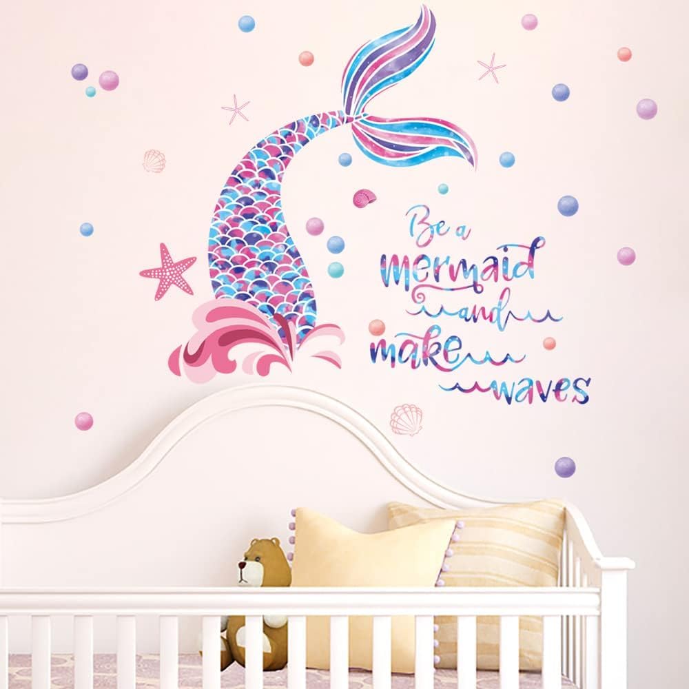Runtoo Mermaid Wall Stickers for Girls Bedroom Kids Inspirational Quotes Wall Decals Bathroom Baby Nursery Wall Decor