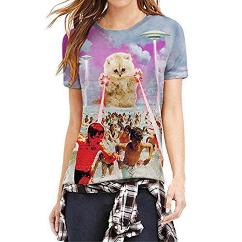 Click Here to See More Images NREALY Women Funny Mode 3D Print Cat Kitty Short Sleeve Top Blouse T Shirts(XXXX-Large, Pink)