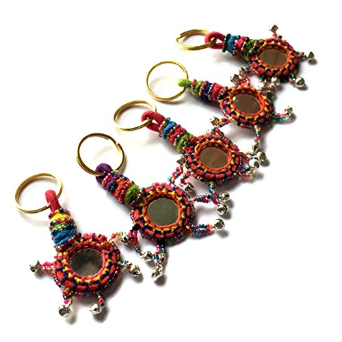 Stylo Culture Bohemian Hand Knitted Keychains For Teachers In Bulk Tribal Multicolored Mirror, Bells & Beads Gift Silk Thread Key Chains Girls