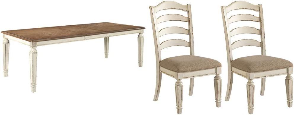 Signature Design by Ashley Realyn Dining Room Extension Table, Chipped White & Design by Ashley Realyn Dining Room Upholstered Chair Set of 2, Antique White
