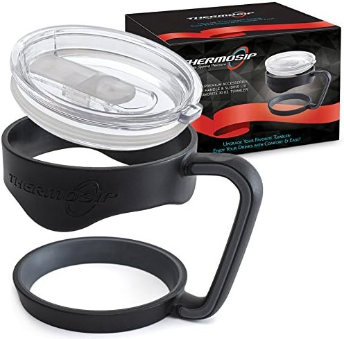Anti-Slip Cup Handle & Replacement Splash Proof Lid with Slider Closure for 30 Oz YETI Rambler Tumbler Accessories Set Fits RTIC, SIC and More Other 30oz Tumblers, by THERMOSIP (Tumbler Not Included)